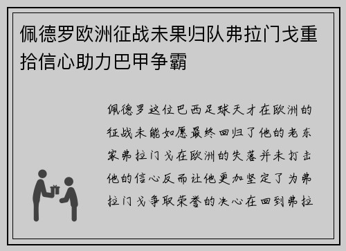 佩德罗欧洲征战未果归队弗拉门戈重拾信心助力巴甲争霸